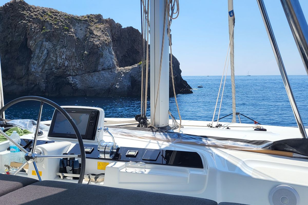 Cockpit of Good Vibes, a Lagoon 46 catamaran at Figari/Golfo Aranci, Italy