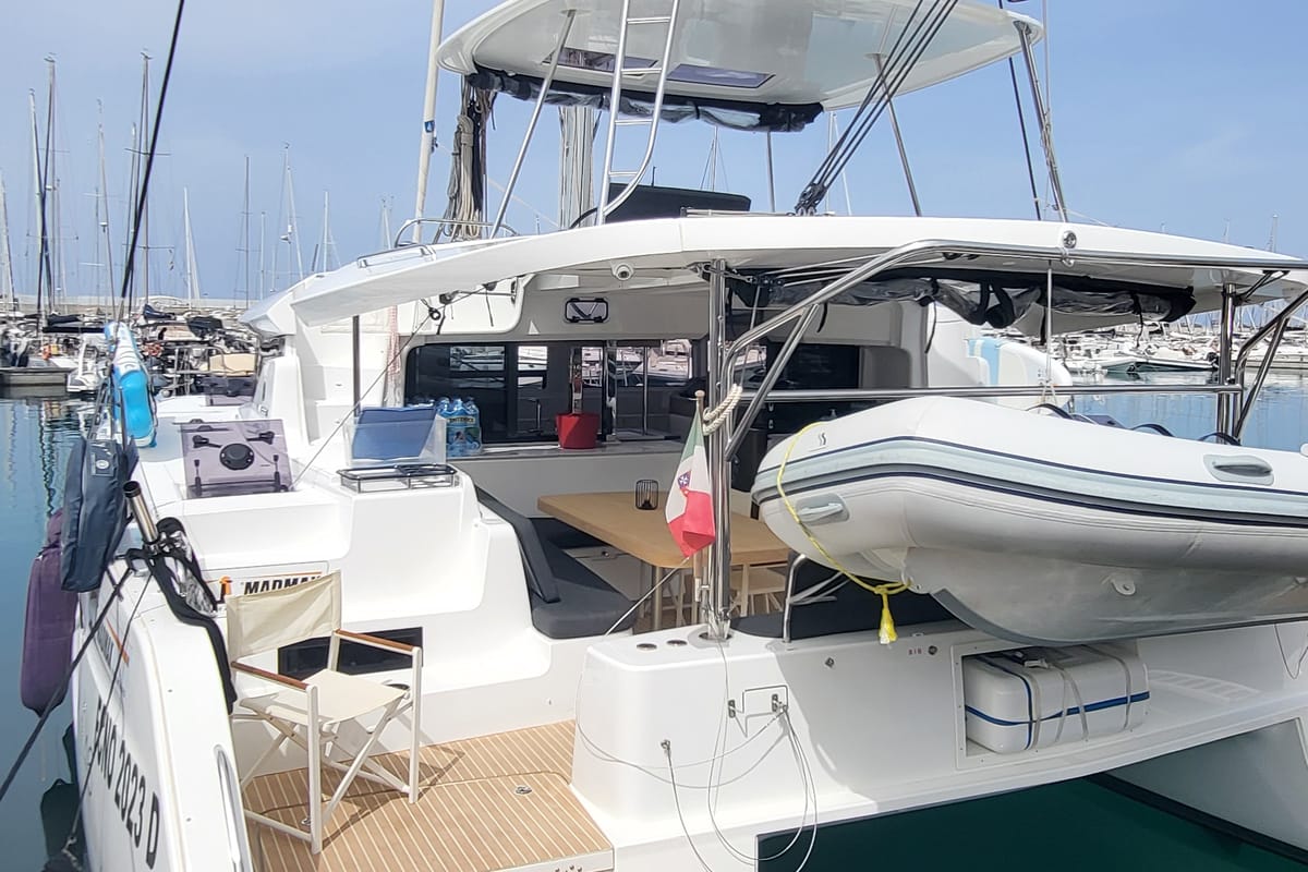 Exterior view of Good Vibes, a Lagoon 46 catamaran at Figari/Golfo Aranci, Italy