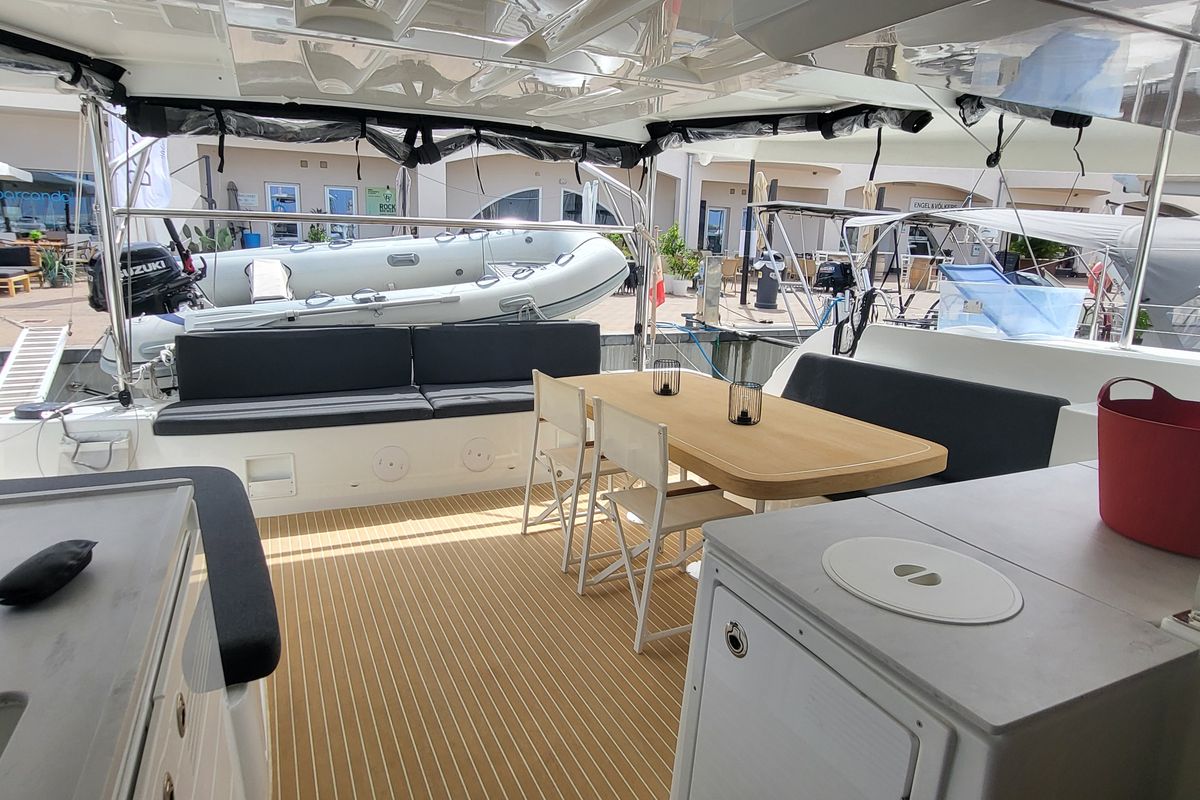 Deck of Good Vibes, a Lagoon 46 catamaran at Figari/Golfo Aranci, Italy