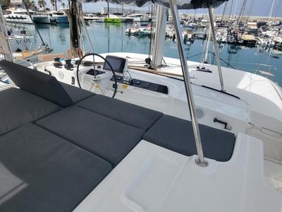 Cockpit of Good Vibes, a Lagoon 46 catamaran at Figari/Golfo Aranci, Italy