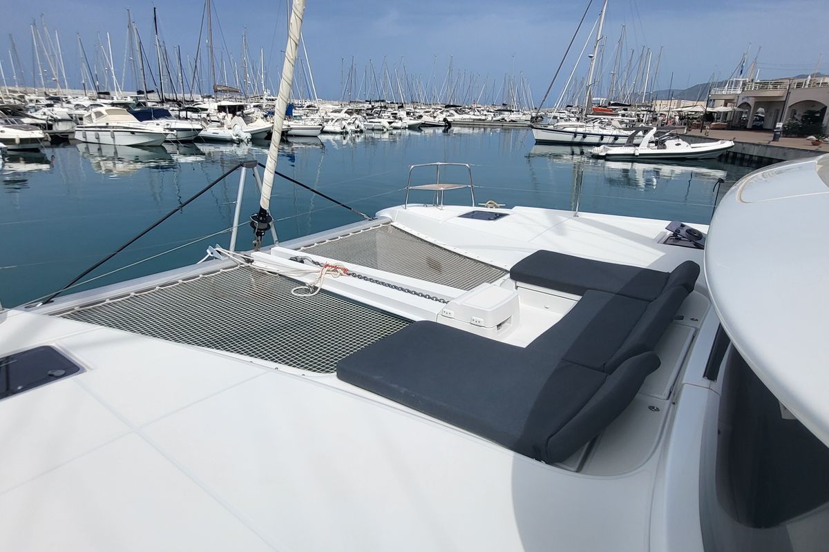 Deck of Good Vibes, a Lagoon 46 catamaran at Figari/Golfo Aranci, Italy