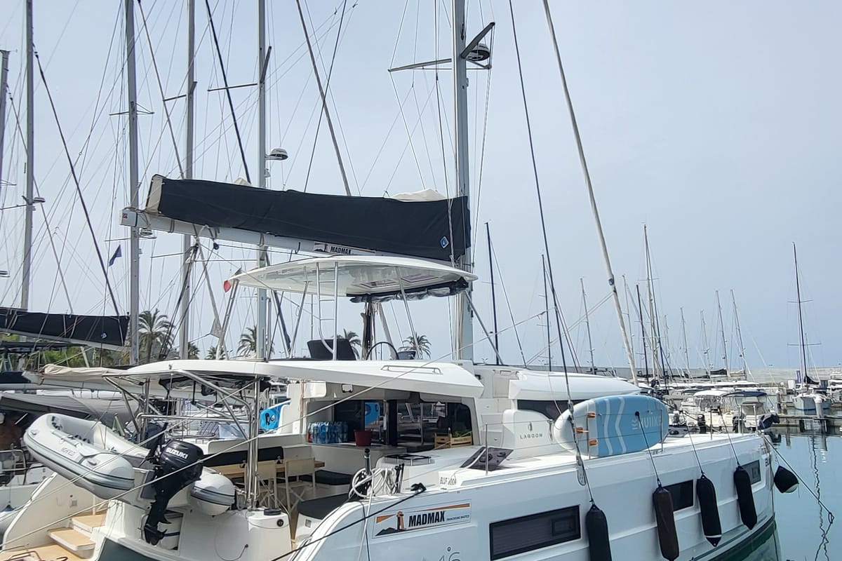 Exterior view of Good Vibes, a Lagoon 46 catamaran at Figari/Golfo Aranci, Italy