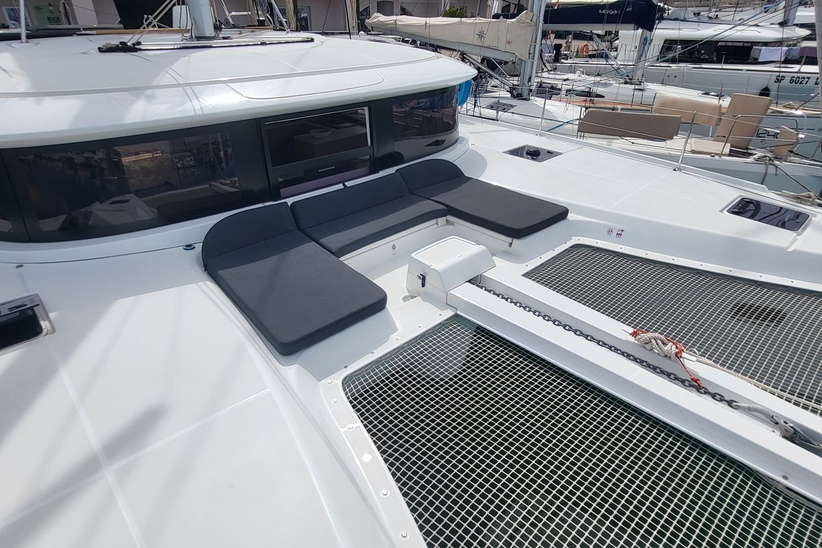 Deck of Good Vibes, a Lagoon 46 catamaran at Figari/Golfo Aranci, Italy