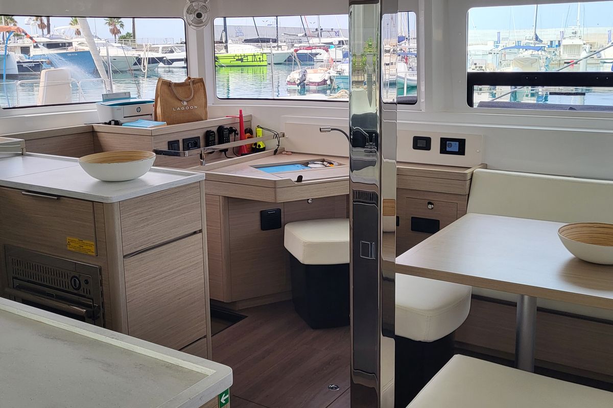 Salon of Good Vibes, a Lagoon 46 catamaran at Figari/Golfo Aranci, Italy