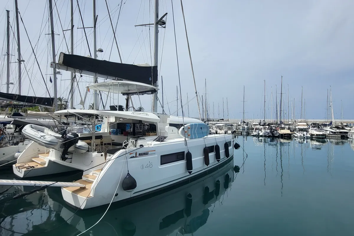 Exterior view of Good Vibes, a Lagoon 46 catamaran at Figari/Golfo Aranci, Italy
