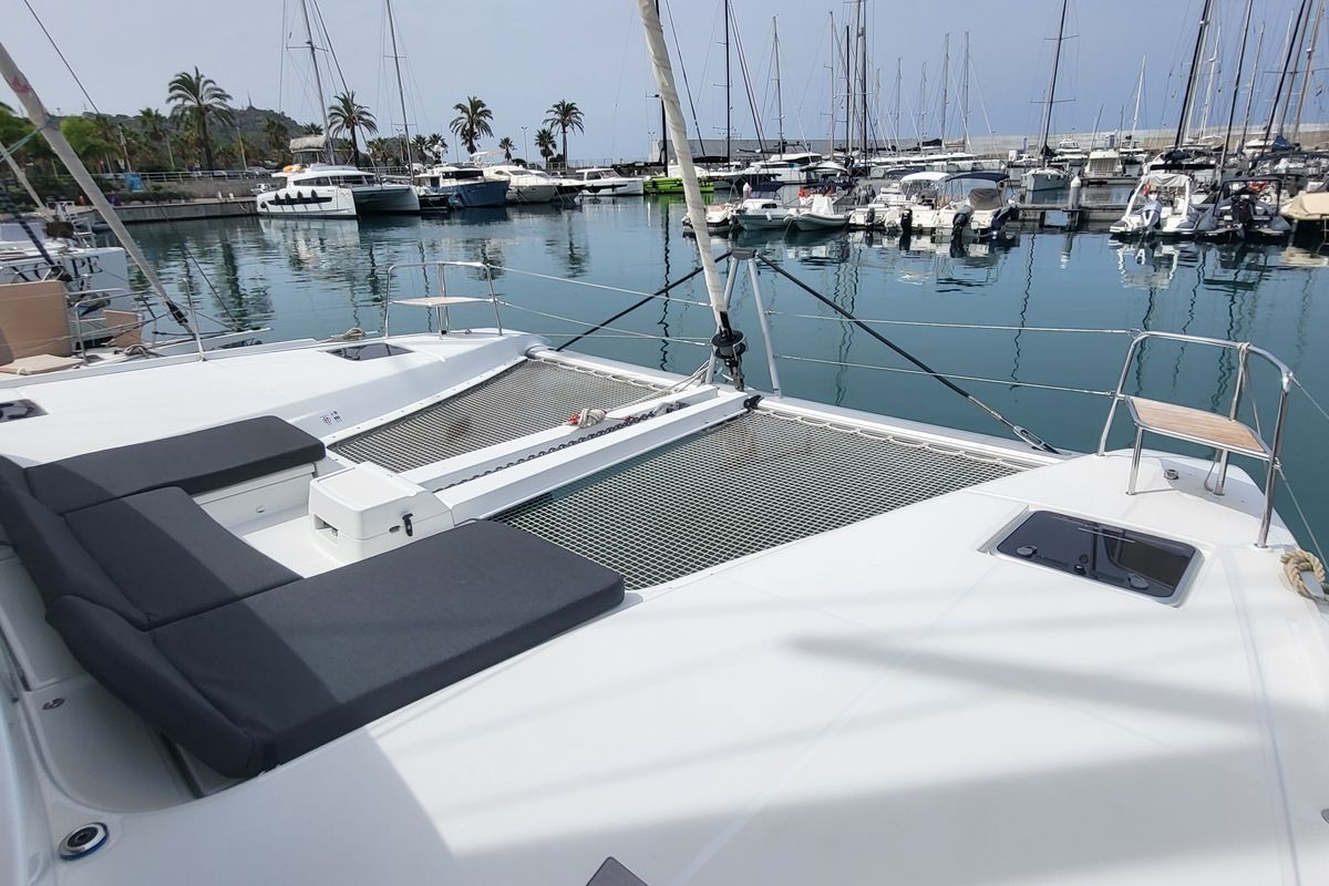 Deck of Good Vibes, a Lagoon 46 catamaran at Figari/Golfo Aranci, Italy