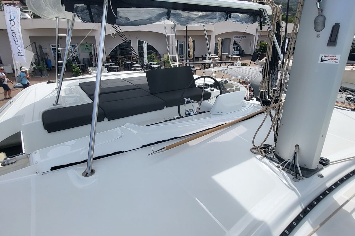 Deck of Good Vibes, a Lagoon 46 catamaran at Figari/Golfo Aranci, Italy