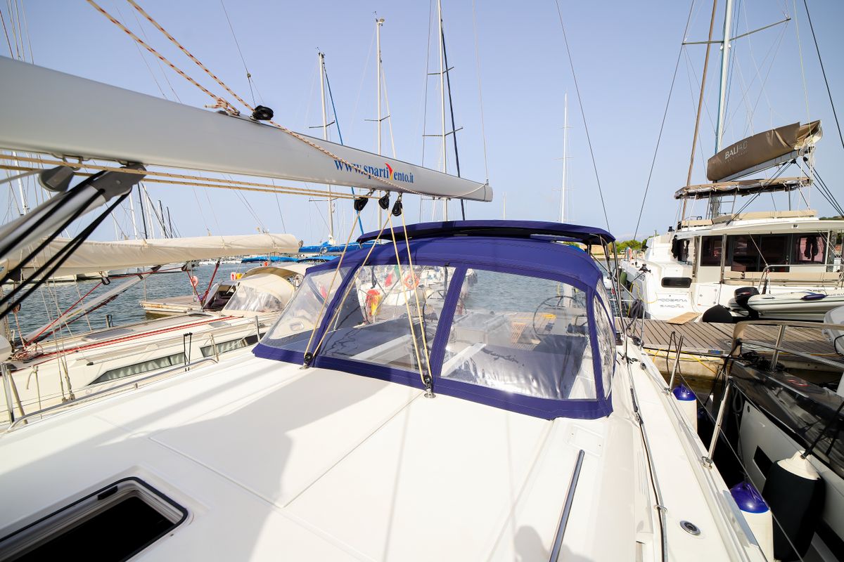 Deck of Andromaca, a Beneteau Oceanis 46.1 sailboat at Olbia, Italy