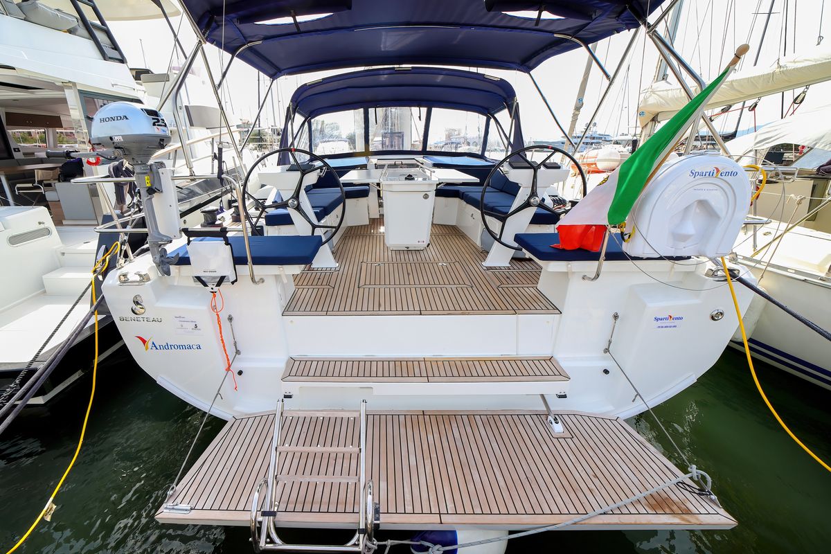 Exterior view of Andromaca, a Beneteau Oceanis 46.1 sailboat at Olbia, Italy
