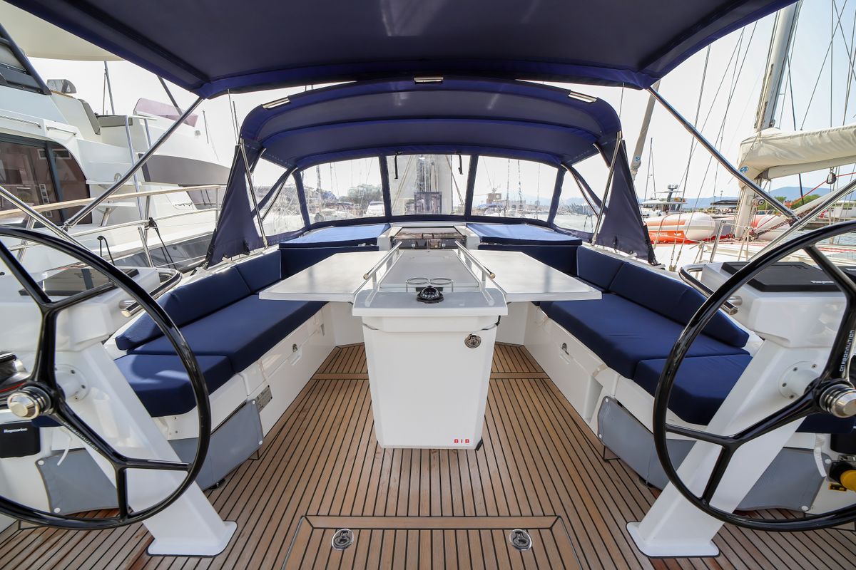 Cockpit of Andromaca, a Beneteau Oceanis 46.1 sailboat at Olbia, Italy