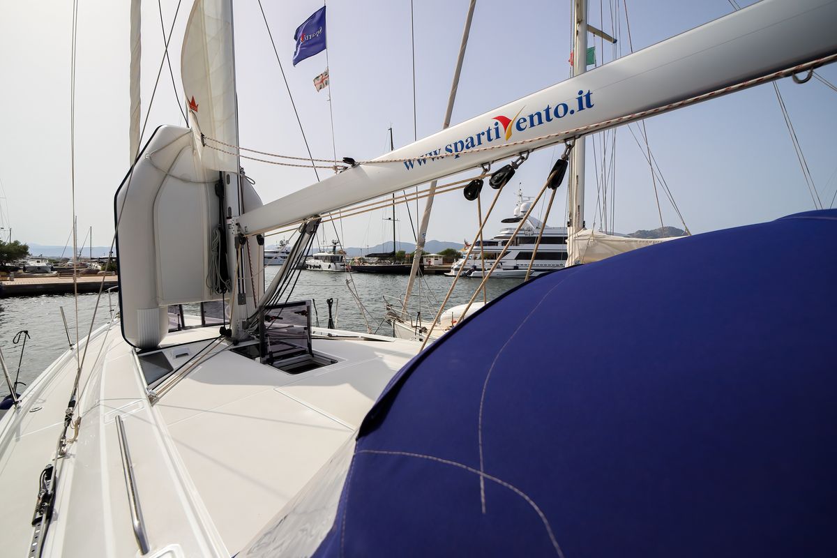 Deck of Andromaca, a Beneteau Oceanis 46.1 sailboat at Olbia, Italy