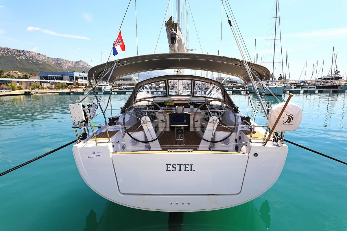 Exterior view of Estel, a Hanse Yachts Hanse 418 sailboat at Grad Kaštela, Croatia