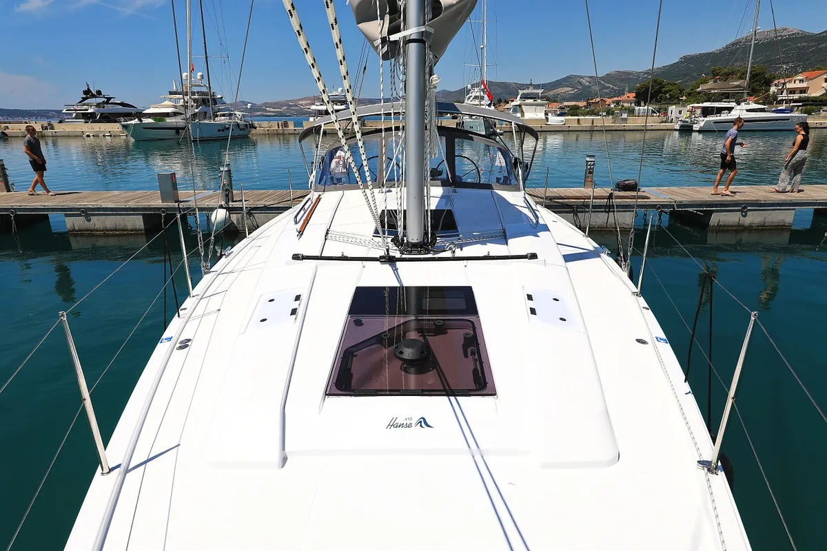 Exterior view of Estel, a Hanse Yachts Hanse 418 sailboat at Grad Kaštela, Croatia