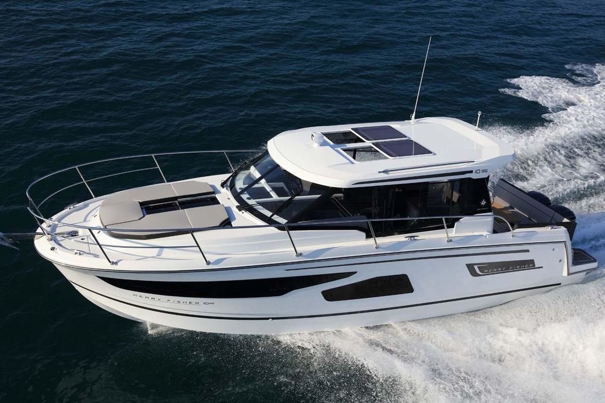 Exterior view of Agron, a Jeanneau Merry Fisher 1095 motorboat at Grad Kaštela, Croatia