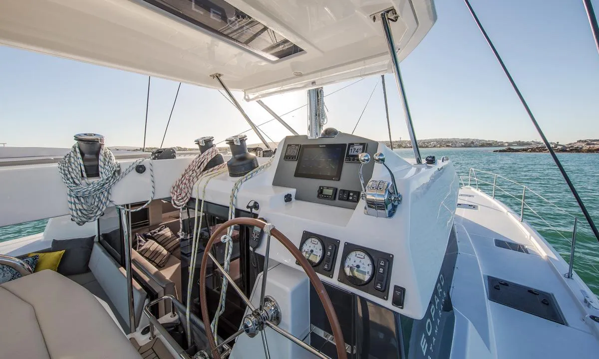 Cockpit of Moorings 5000 Exclusive, a Leopard 50 catamaran at Uturoa, France