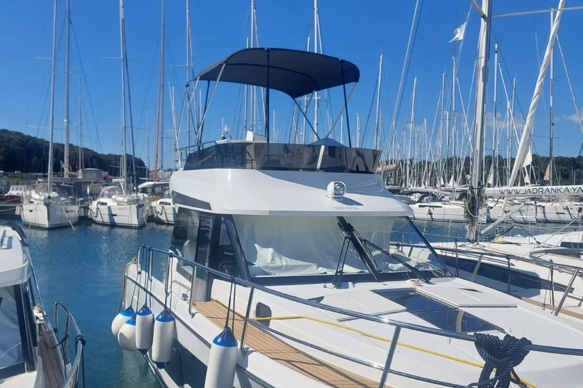Exterior view of Sea King, a Jeanneau Merry Fisher 1095 Fly motorboat at Grad Pula, Croatia
