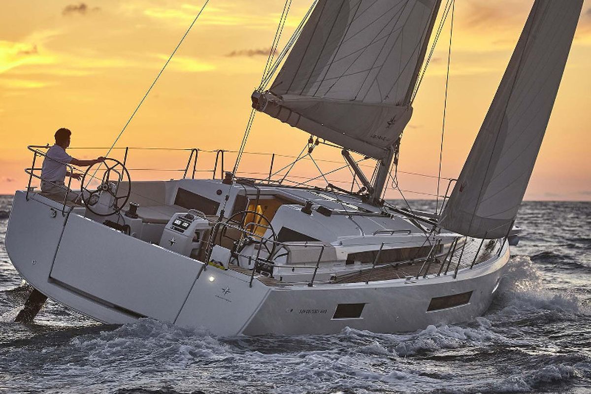 Exterior view of Innovation, a Jeanneau Sun Odyssey 440 sailboat at Portimão, Portugal