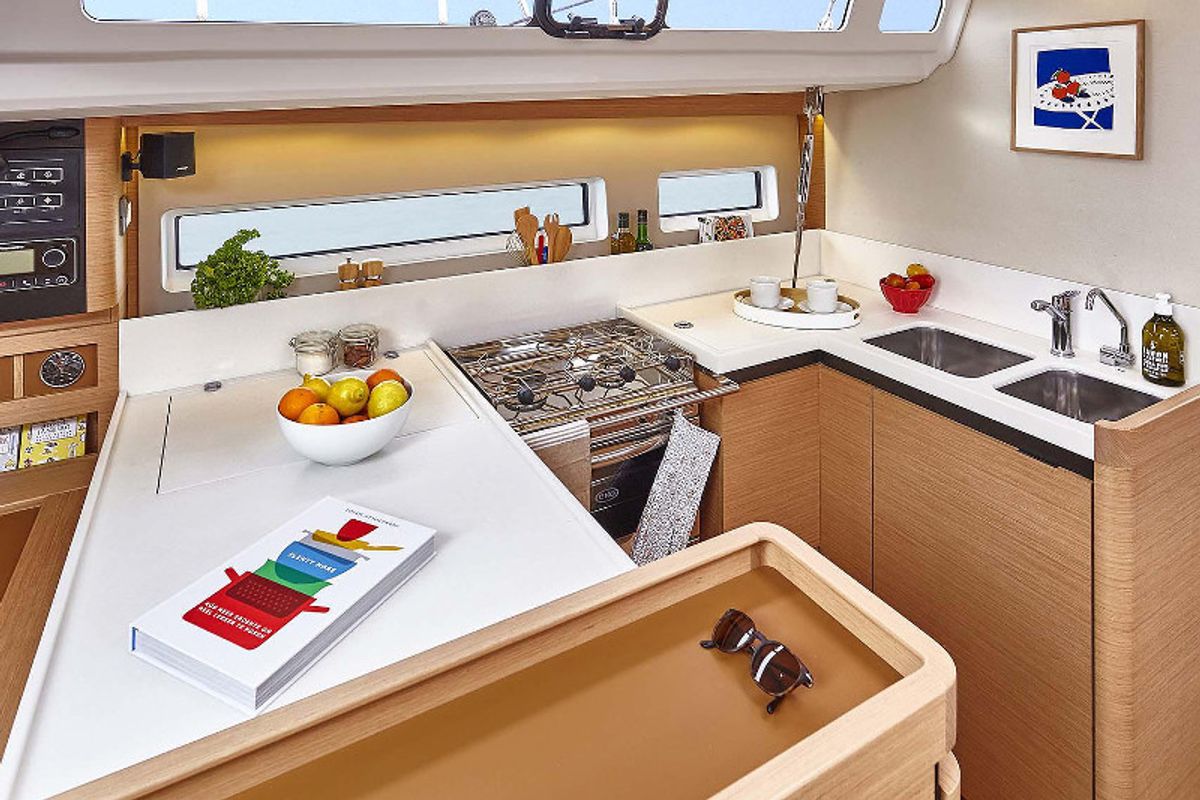 Galley of Innovation, a Jeanneau Sun Odyssey 440 sailboat at Portimão, Portugal