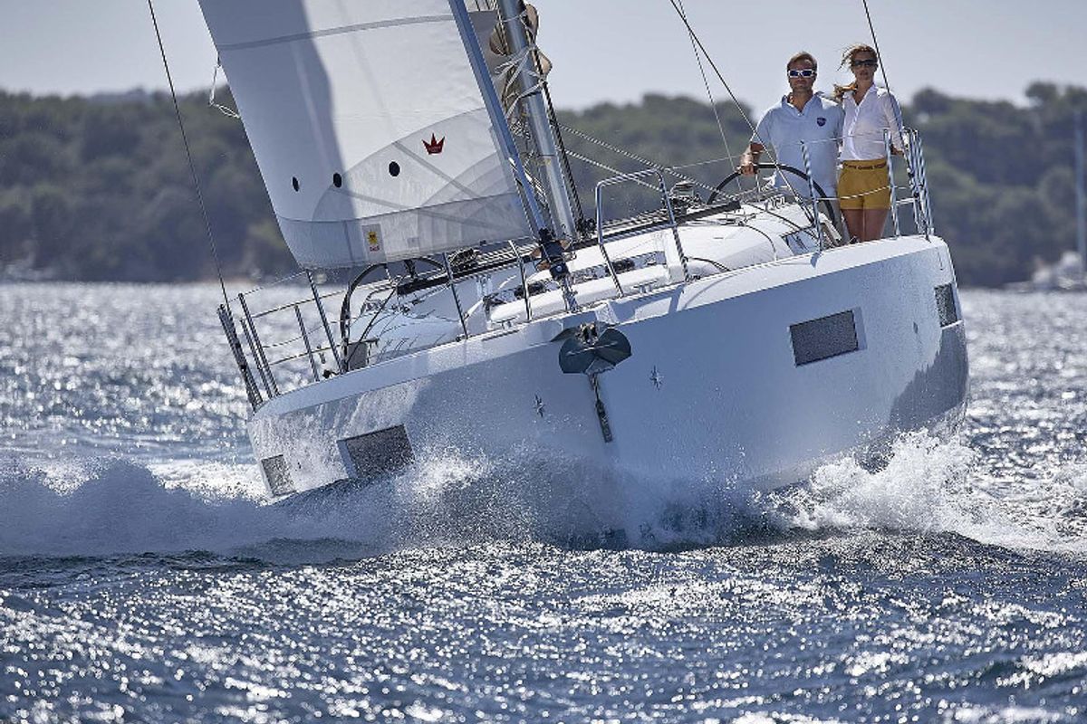 Exterior view of Innovation, a Jeanneau Sun Odyssey 440 sailboat at Portimão, Portugal