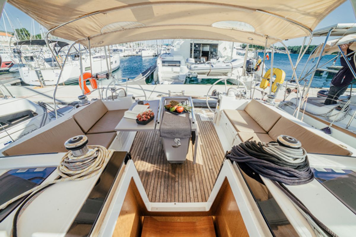 Deck of THEIA, a Beneteau Oceanis 45 sailboat at Grad Šibenik, Croatia