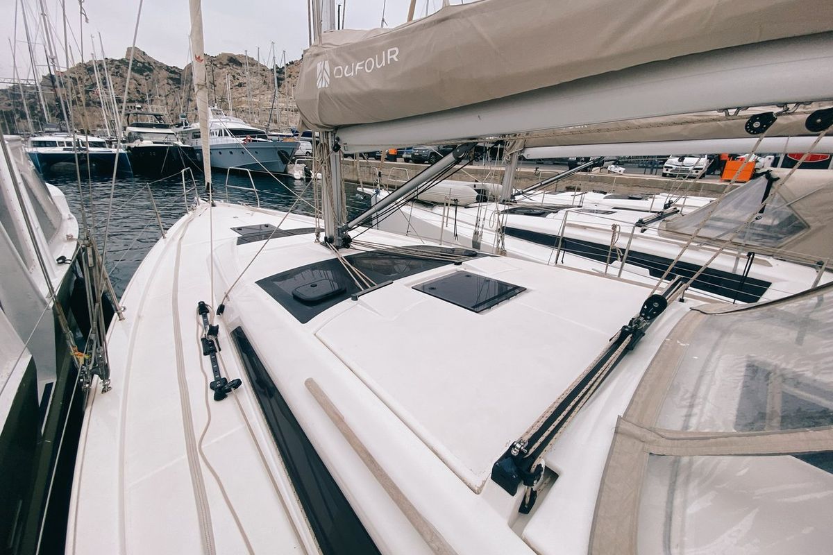 Deck of Jelo, a Dufour 390 GL sailboat at Marseille, France