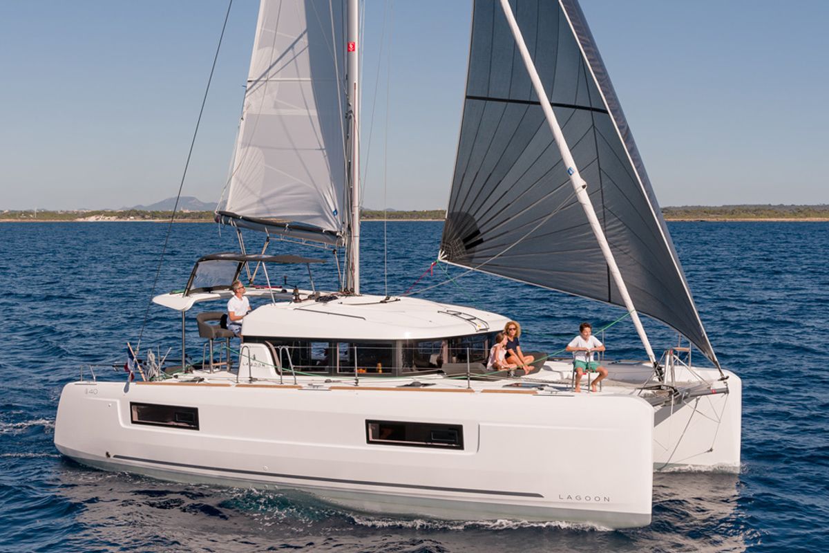 Exterior view of Pussycat, a Lagoon 40 catamaran at Grad Kaštela, Croatia