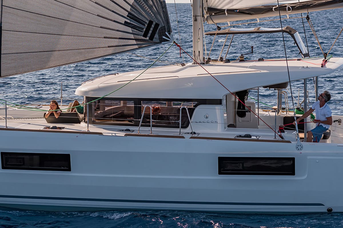 Exterior view of Pussycat, a Lagoon 40 catamaran at Grad Kaštela, Croatia