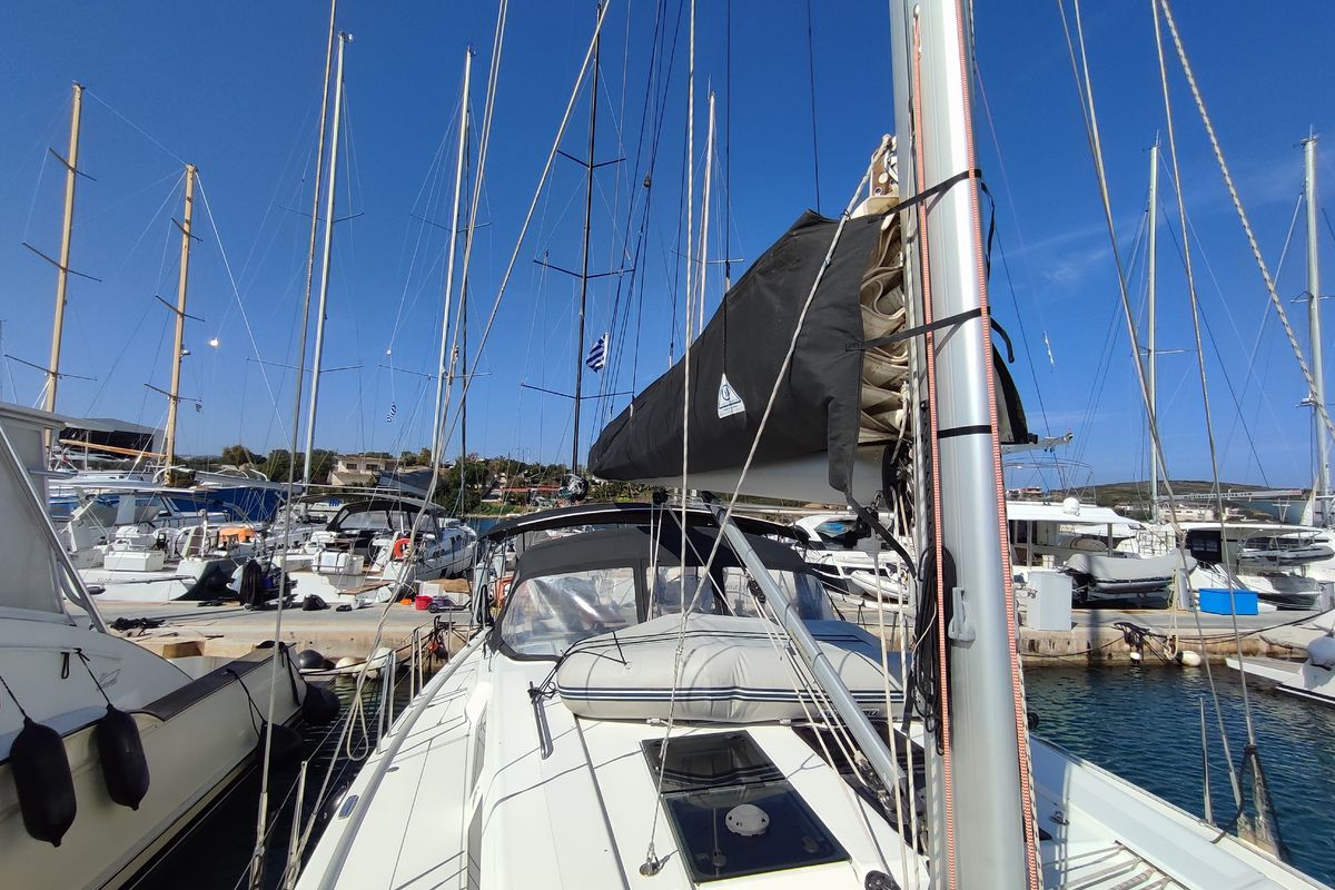 Exterior view of Andromeda, a Hanse Yachts Hanse 508 sailboat at Lavreotiki Municipal Unit, Greece