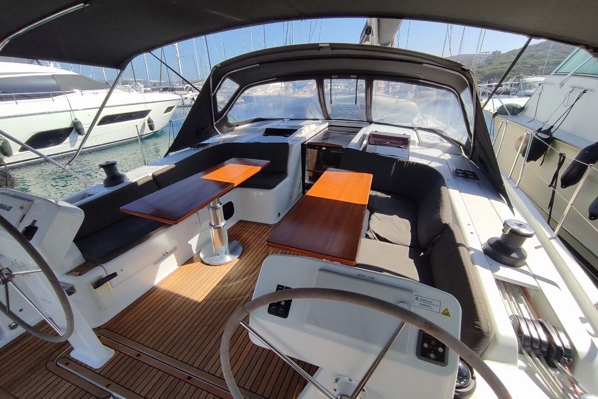 Cockpit of Andromeda, a Hanse Yachts Hanse 508 sailboat at Lavreotiki Municipal Unit, Greece