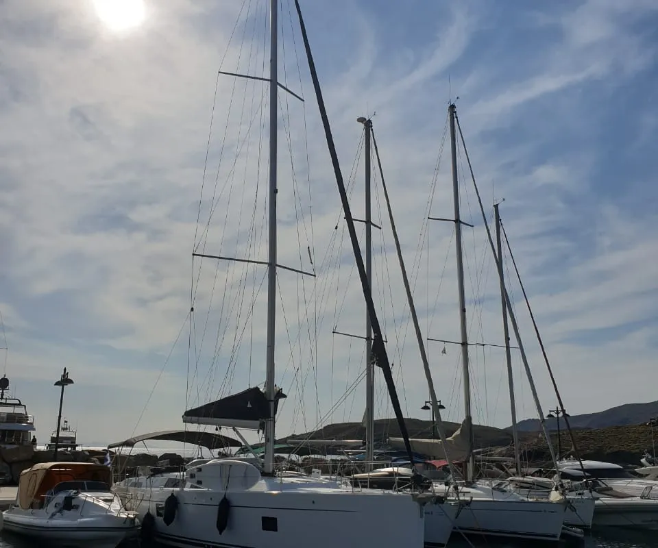 Exterior view of Andromeda, a Hanse Yachts Hanse 508 sailboat at Lavreotiki Municipal Unit, Greece