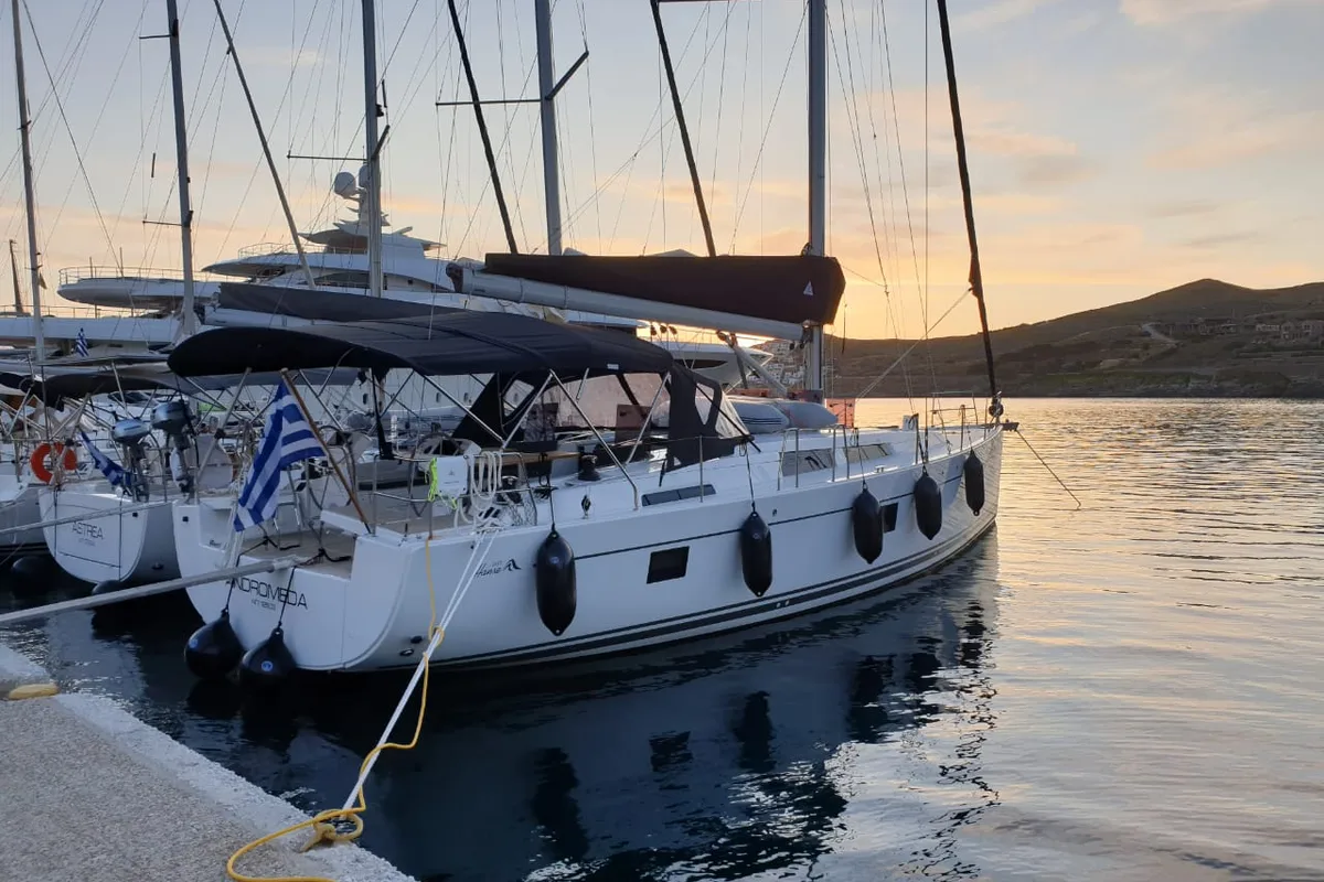 Exterior view of Andromeda, a Hanse Yachts Hanse 508 sailboat at Lavreotiki Municipal Unit, Greece