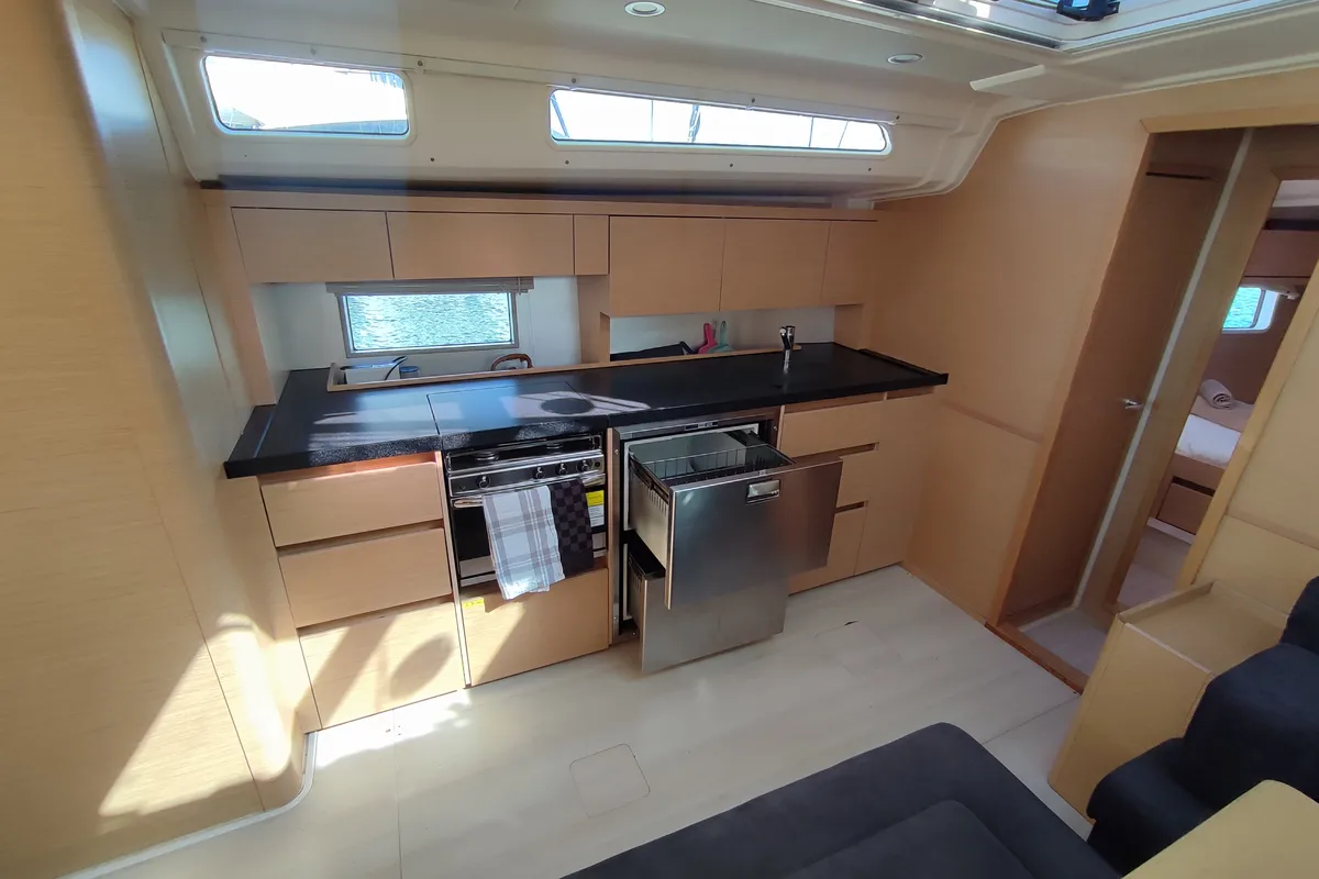 Galley of Andromeda, a Hanse Yachts Hanse 508 sailboat at Lavreotiki Municipal Unit, Greece