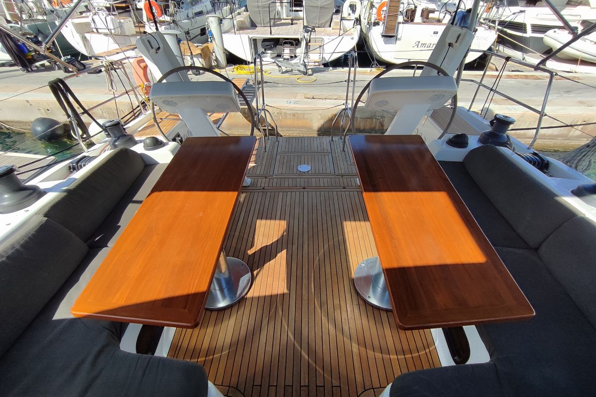 Deck of Andromeda, a Hanse Yachts Hanse 508 sailboat at Lavreotiki Municipal Unit, Greece