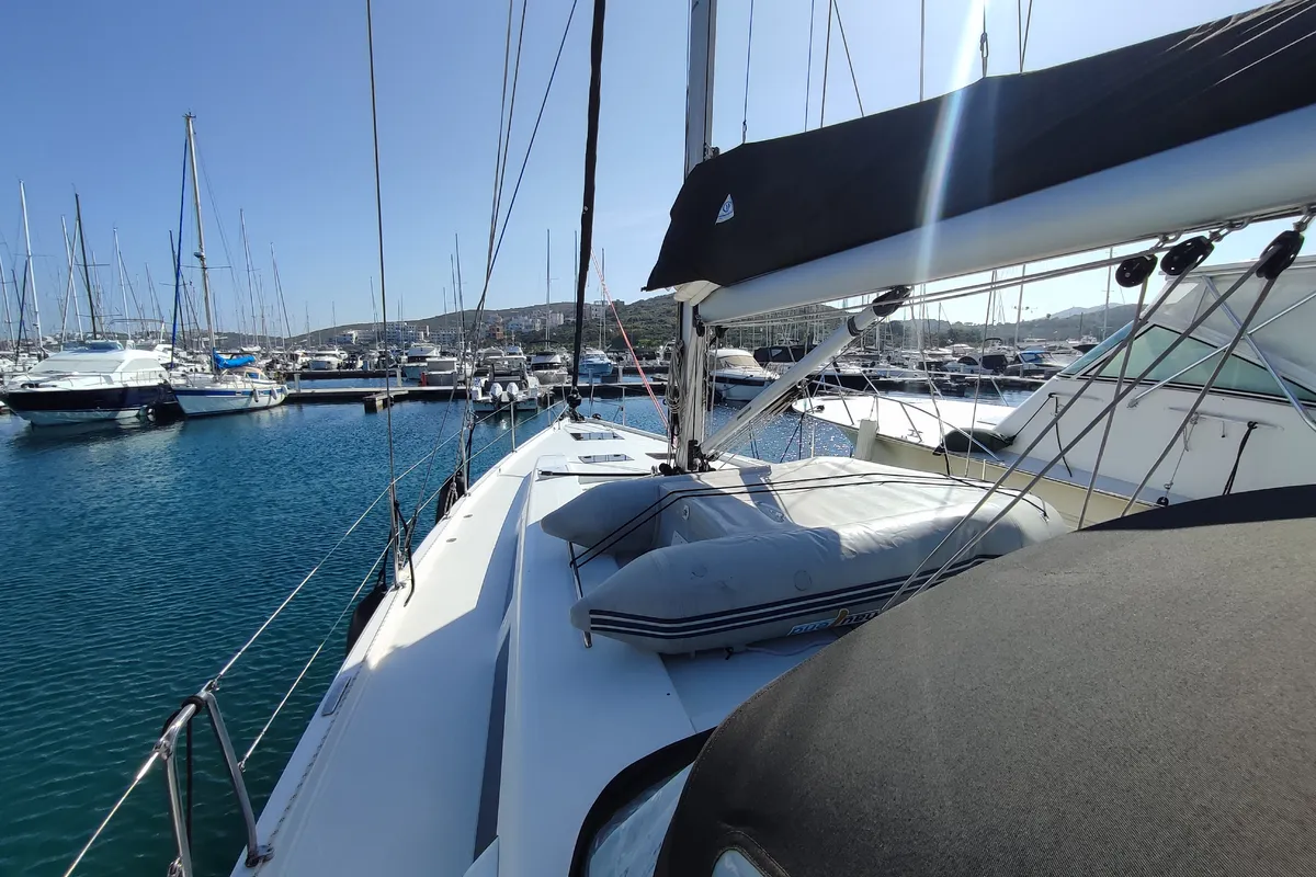 Exterior view of Andromeda, a Hanse Yachts Hanse 508 sailboat at Lavreotiki Municipal Unit, Greece
