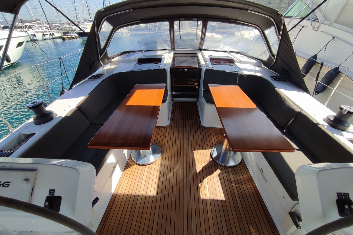 Cockpit of Andromeda, a Hanse Yachts Hanse 508 sailboat at Lavreotiki Municipal Unit, Greece