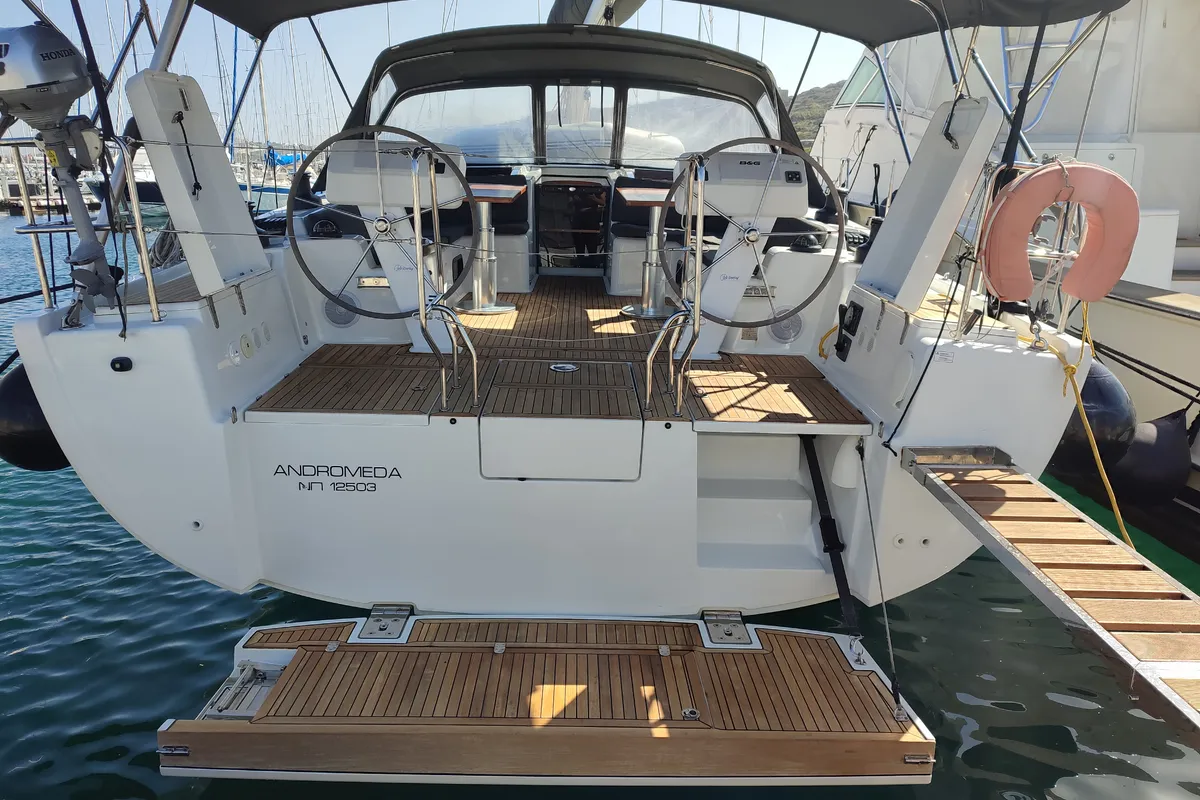 Exterior view of Andromeda, a Hanse Yachts Hanse 508 sailboat at Lavreotiki Municipal Unit, Greece