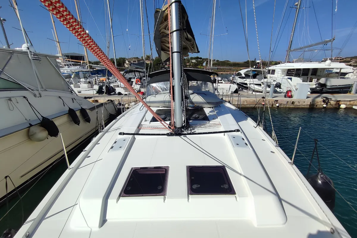 Deck of Andromeda, a Hanse Yachts Hanse 508 sailboat at Lavreotiki Municipal Unit, Greece