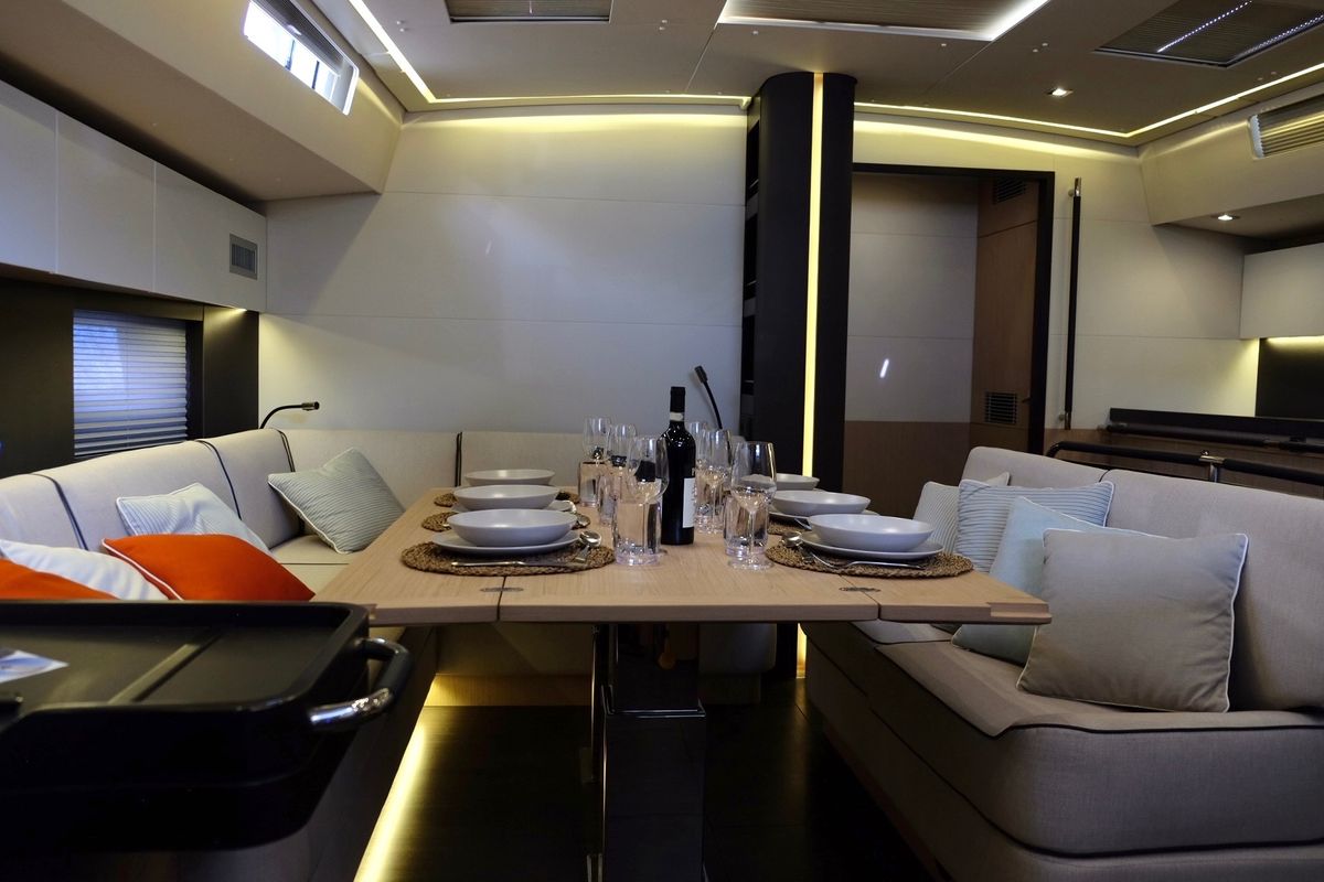 Salon of Premium +, a Beneteau Oceanis Yacht 62 sailboat at Rosignano Solvay, Italy