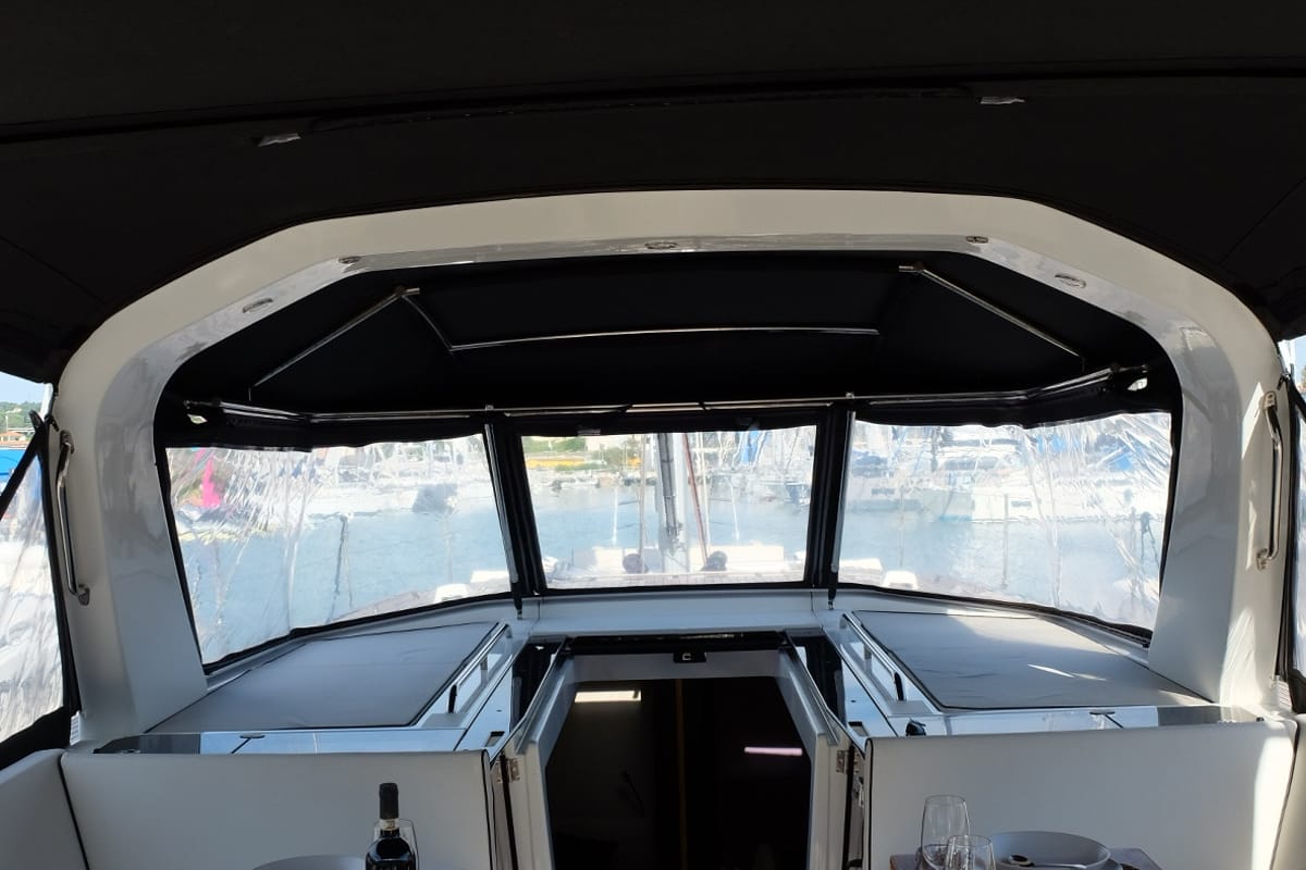 Deck of Premium +, a Beneteau Oceanis Yacht 62 sailboat at Rosignano Solvay, Italy