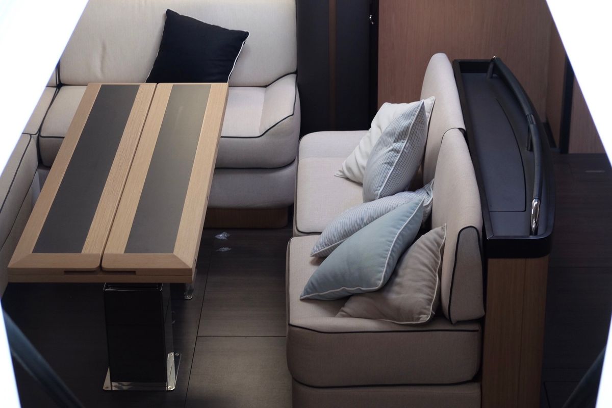 Salon of Premium +, a Beneteau Oceanis Yacht 62 sailboat at Rosignano Solvay, Italy