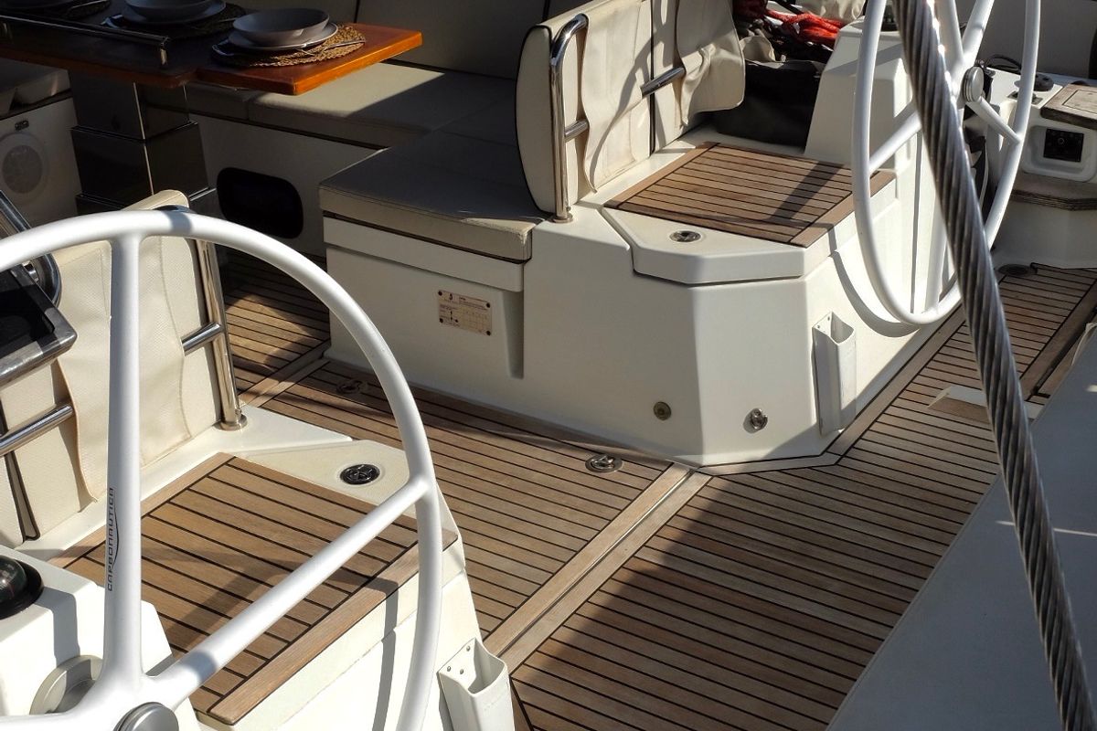 Cockpit of Premium +, a Beneteau Oceanis Yacht 62 sailboat at Rosignano Solvay, Italy