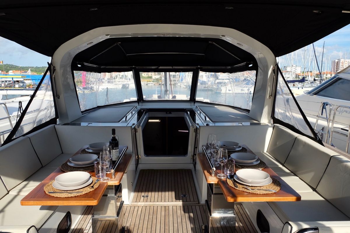 Deck of Premium +, a Beneteau Oceanis Yacht 62 sailboat at Rosignano Solvay, Italy