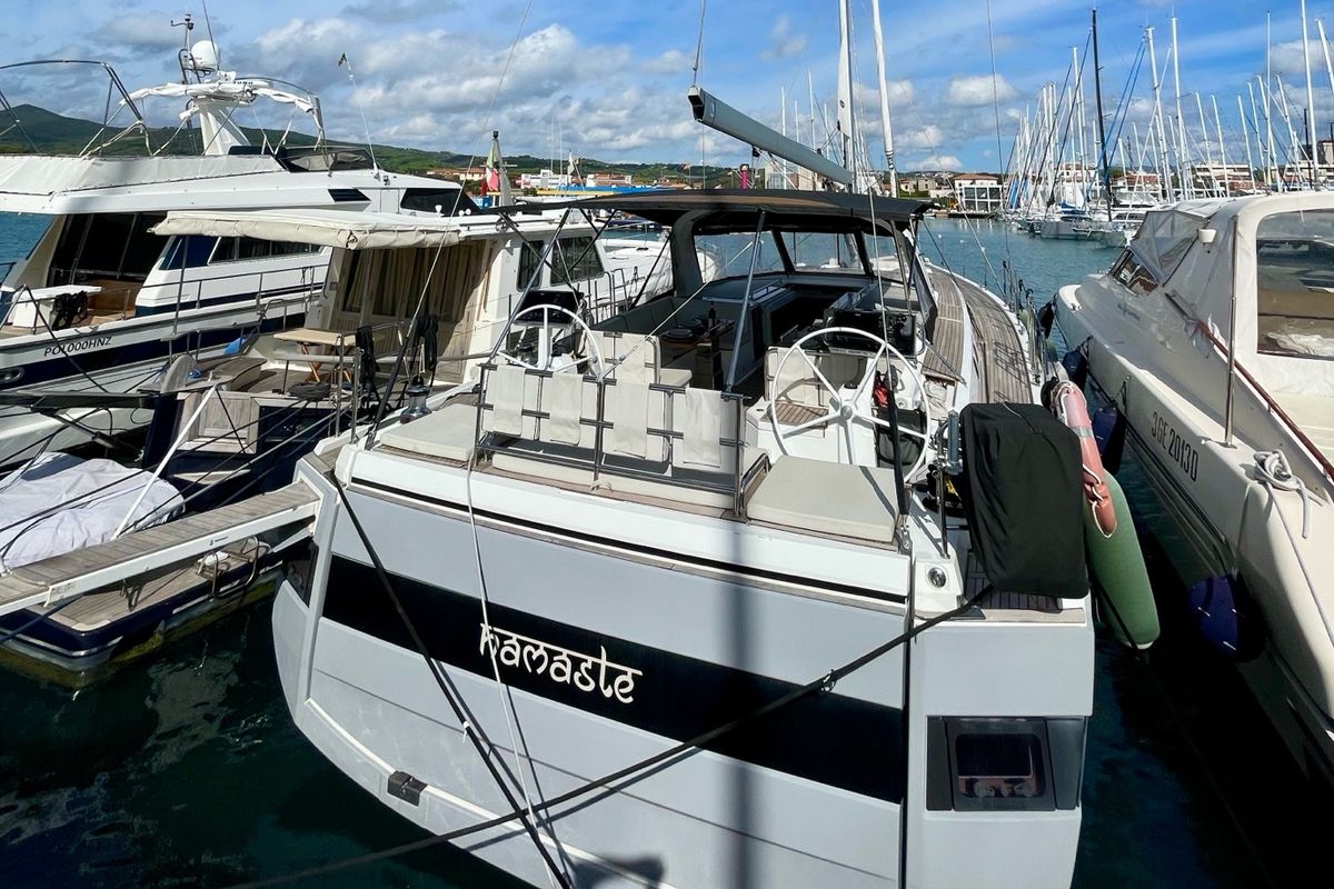 Exterior view of Premium +, a Beneteau Oceanis Yacht 62 sailboat at Rosignano Solvay, Italy