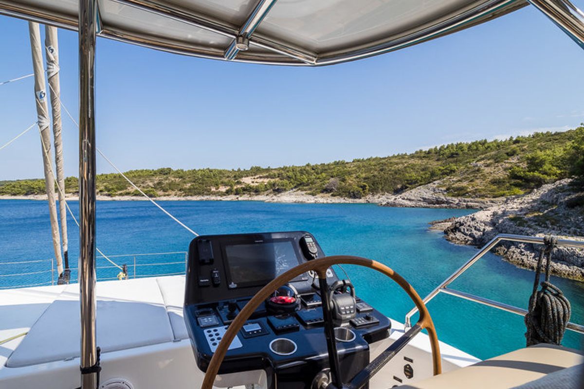 Cockpit of Vulpino, a Sunreef Yachts Sunreef 60 catamaran at Grad Kaštela, Croatia