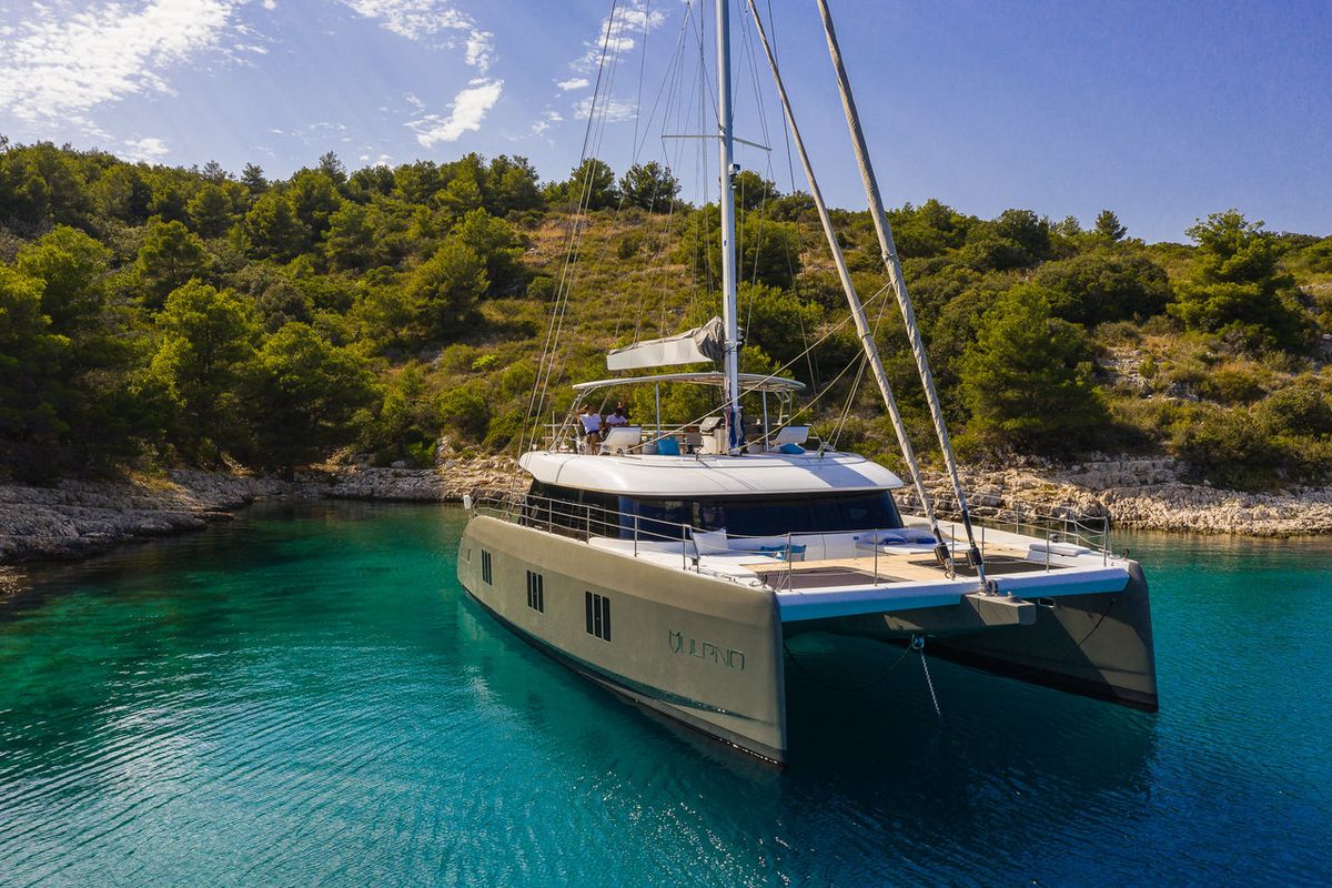 Exterior view of Vulpino, a Sunreef Yachts Sunreef 60 catamaran at Grad Kaštela, Croatia
