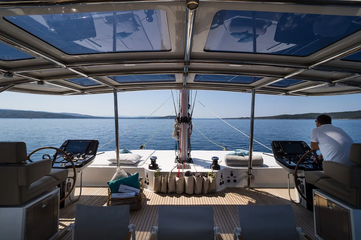Cockpit of Vulpino, a Sunreef Yachts Sunreef 60 catamaran at Grad Kaštela, Croatia