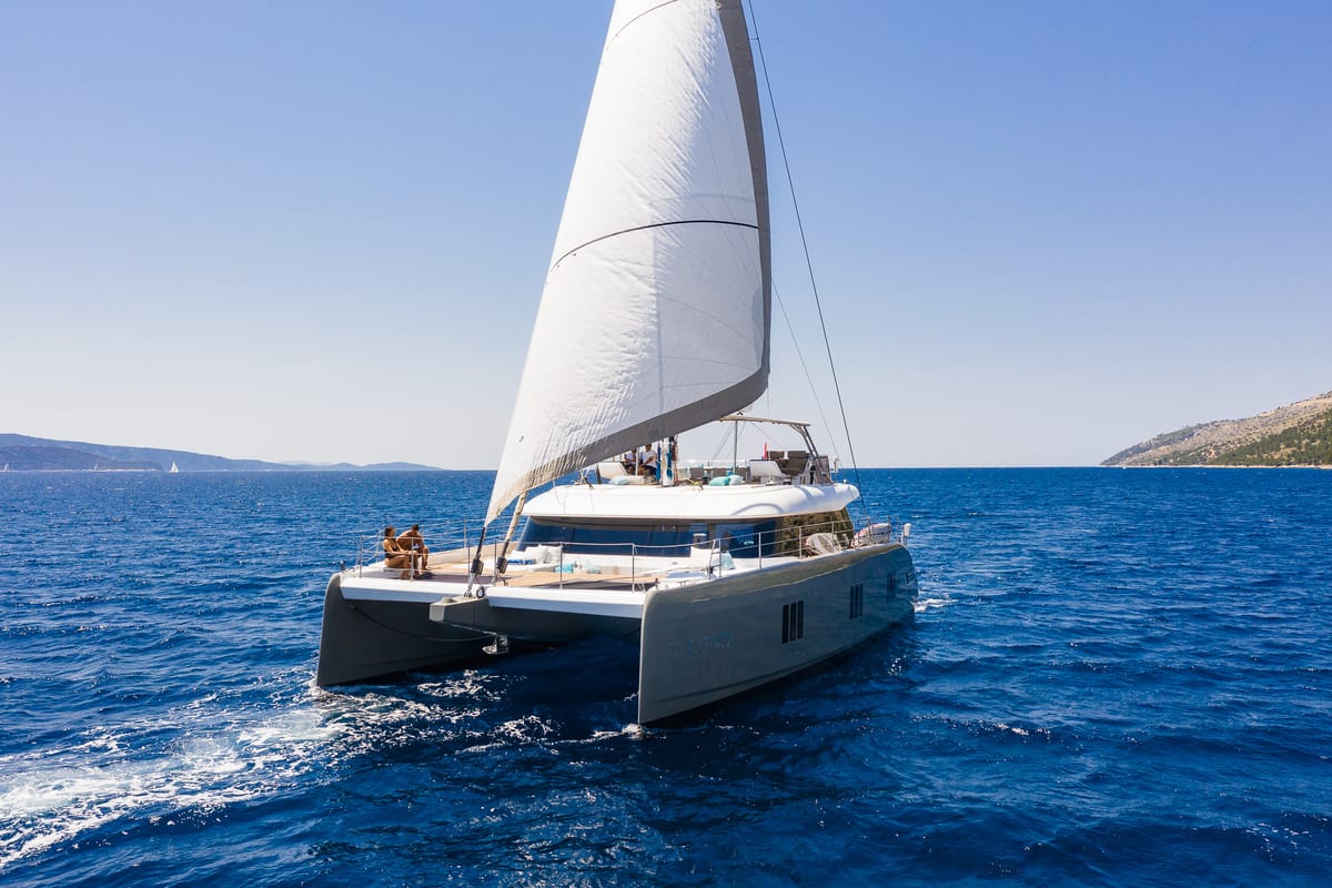 Exterior view of Vulpino, a Sunreef Yachts Sunreef 60 catamaran at Grad Kaštela, Croatia