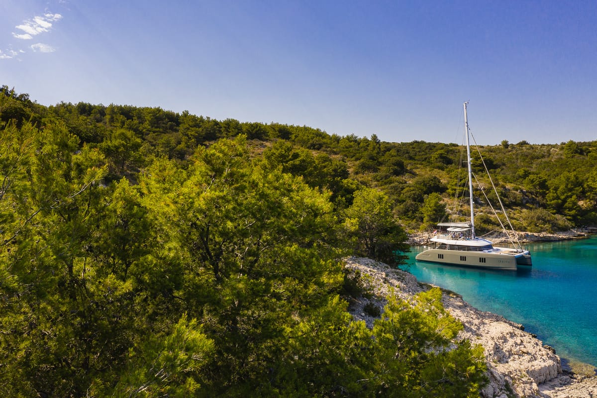 Exterior view of Vulpino, a Sunreef Yachts Sunreef 60 catamaran at Grad Kaštela, Croatia