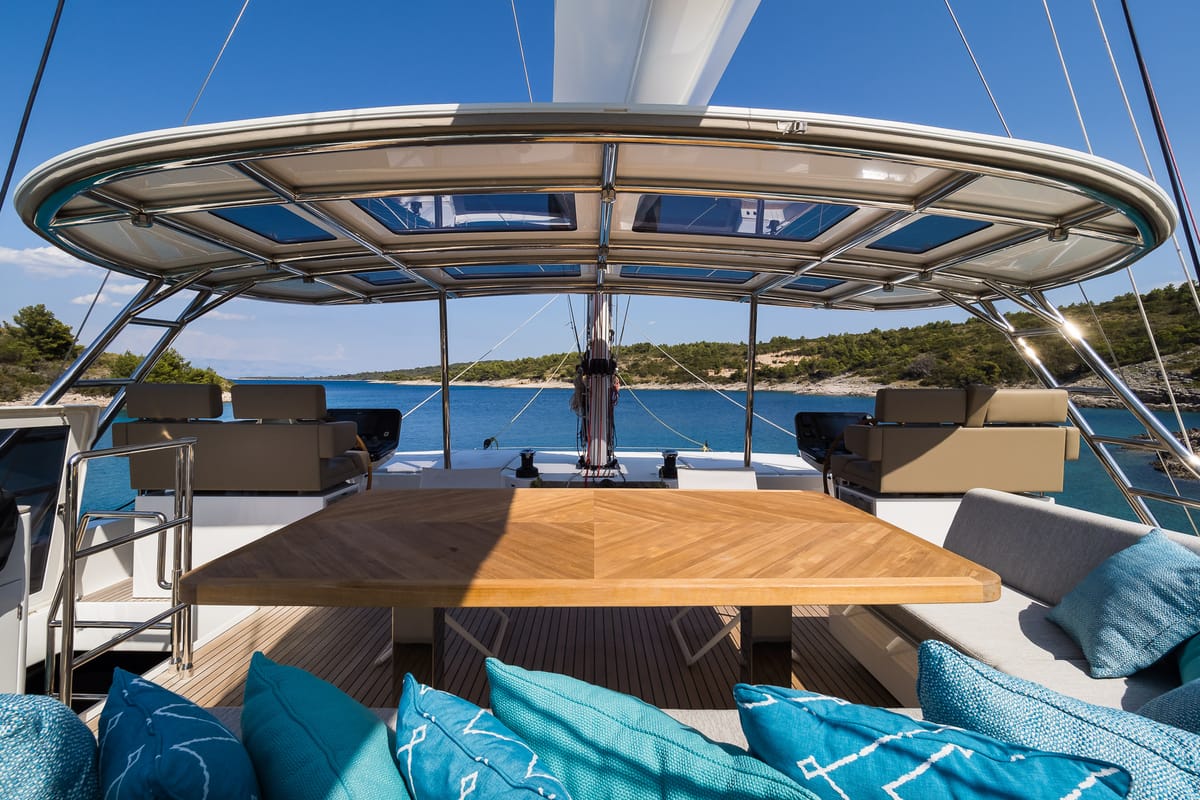 Cockpit of Vulpino, a Sunreef Yachts Sunreef 60 catamaran at Grad Kaštela, Croatia