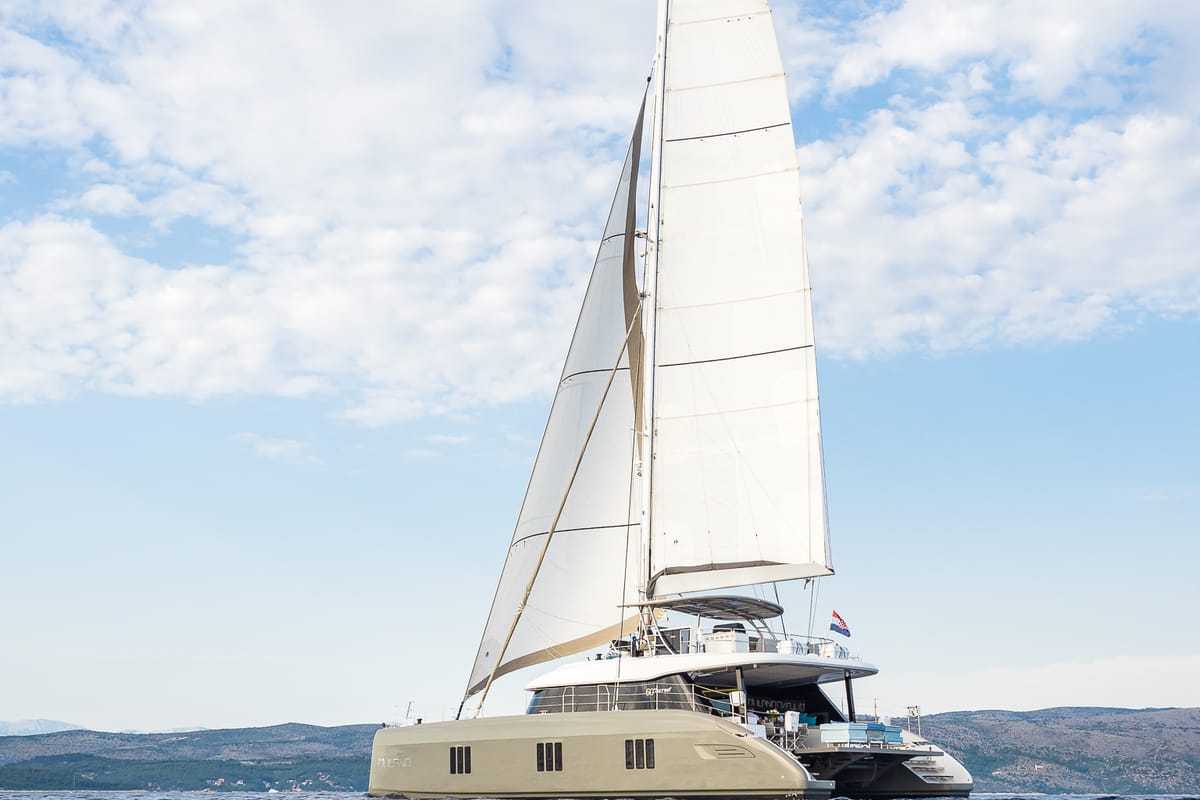 Exterior view of Vulpino, a Sunreef Yachts Sunreef 60 catamaran at Grad Kaštela, Croatia